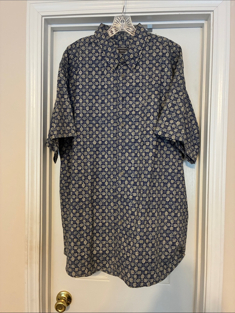 David Taylor 2XLT Navy and Cream Short-Sleeve Button-Down Shirt